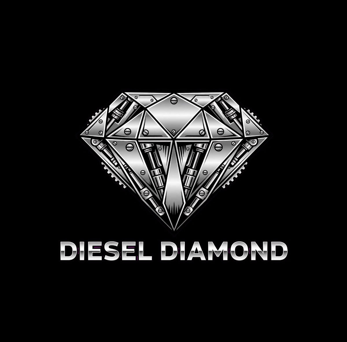 Metallic Diamond-shaped logo made of gears and bolts with Diesel Diamond text for road-ready accessories.