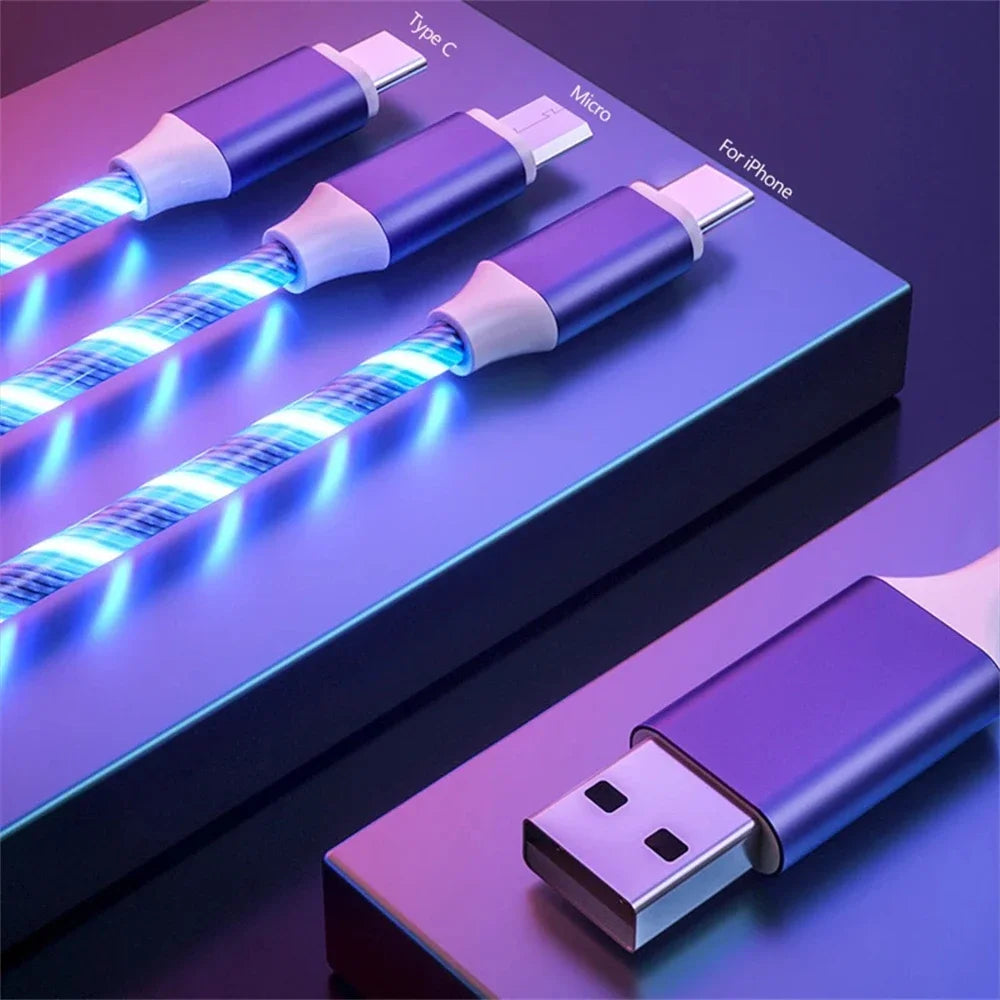 Glowing LED Light USB 3 IN 1 cable Fast Charging. Type C by Diesel Diamond