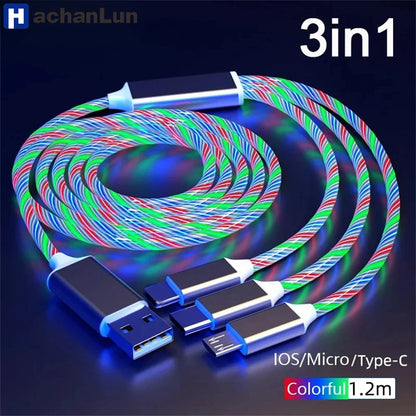 Glowing LED Light USB 3 IN 1 cable Fast Charging. Type C by Diesel Diamond