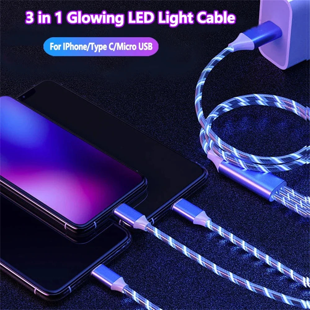 Glowing LED Light USB 3 IN 1 cable Fast Charging. Type C by Diesel Diamond